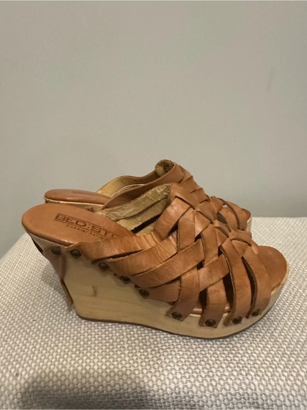 Bed Stu Cobbler Series Gina Wedge Sandals Heels Size 6 Tan Brown Leather Strappy